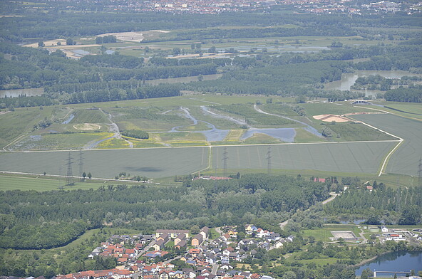 Luftbildaufnahme des Polder Rheinschanzinsel mit Blick in Richtung Norden. Zu sehen sind die mit Wasser gefüllten Gräben und Schluten im Bereich der Fläche für die partiellen Flutungen zur Auenrenaturierung. Im Hintergrund ist das überflutete Rheinvorland und auf der gegenüberliegenden Seite des Rheins der Polder Mechtersheim zu sehen.