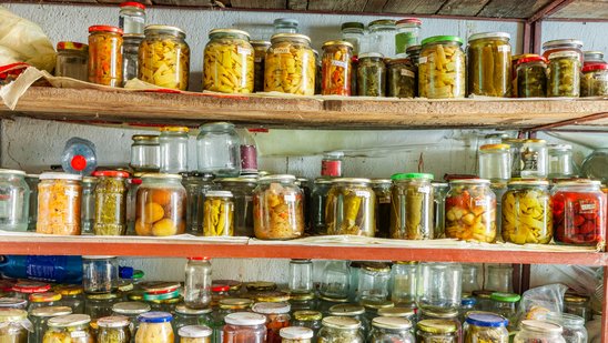 Das Bild zeigt ein Kellerregal mit Einmachgläsern