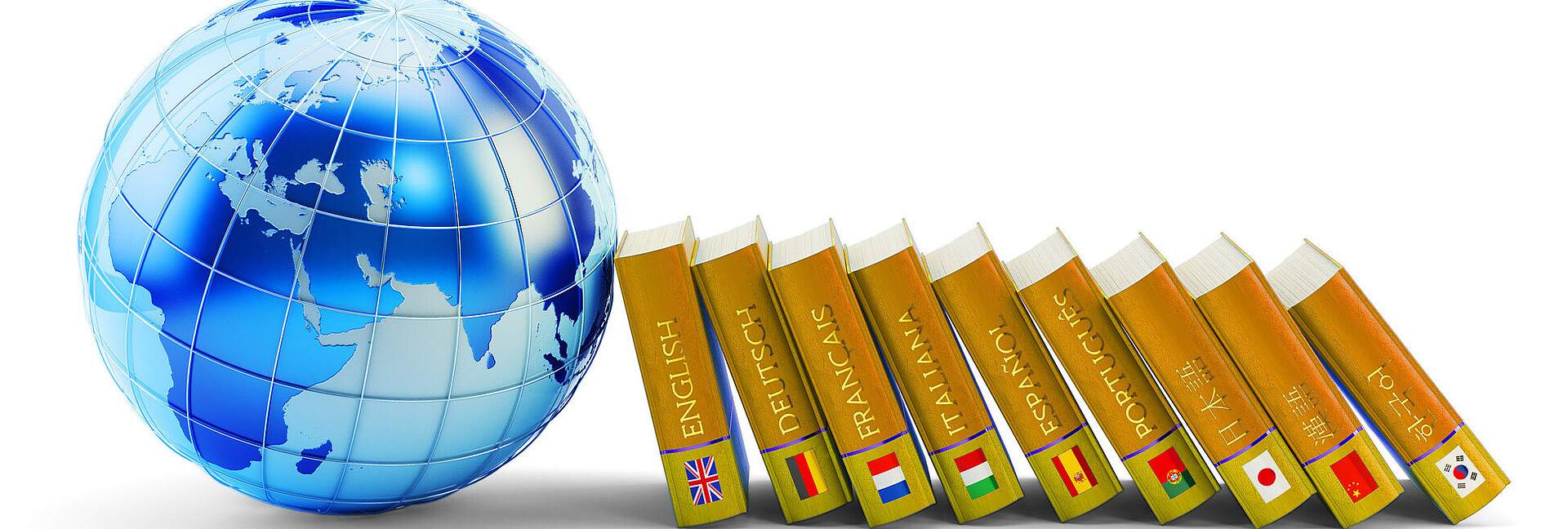 Blaue Weltkugel und Wörterbücher in unterschiedlichen Sprachen