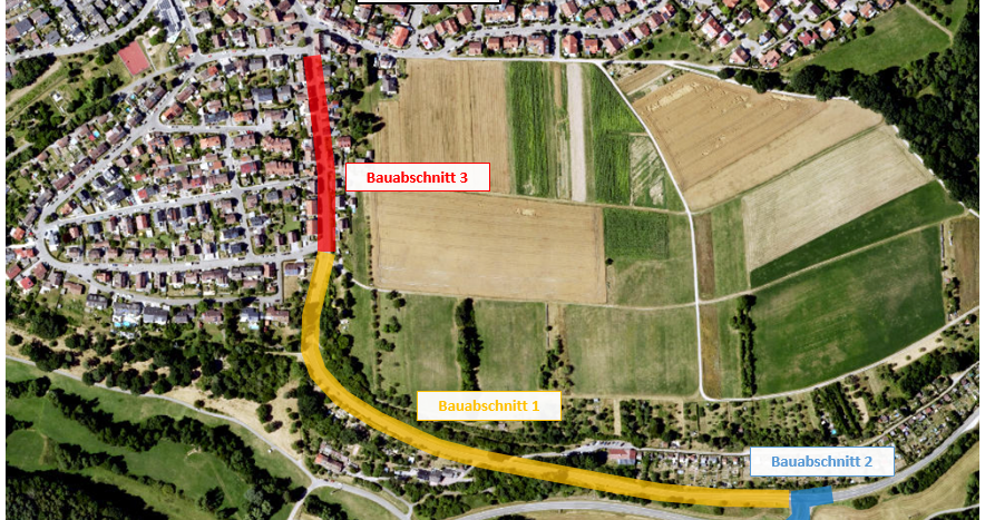 Übersichtslageplan der Bauabschnitte zur Fahrbahndeckenerneuerung L 1185 zwischen Schönaich und Waldenbuch