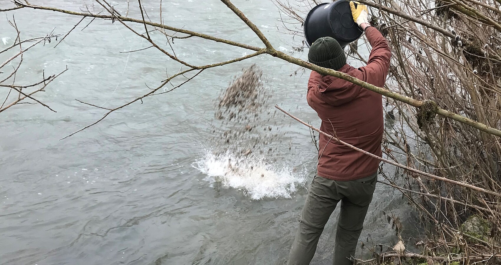 Ein Mann schüttet Kies aus einem Eimer in den Neckar 