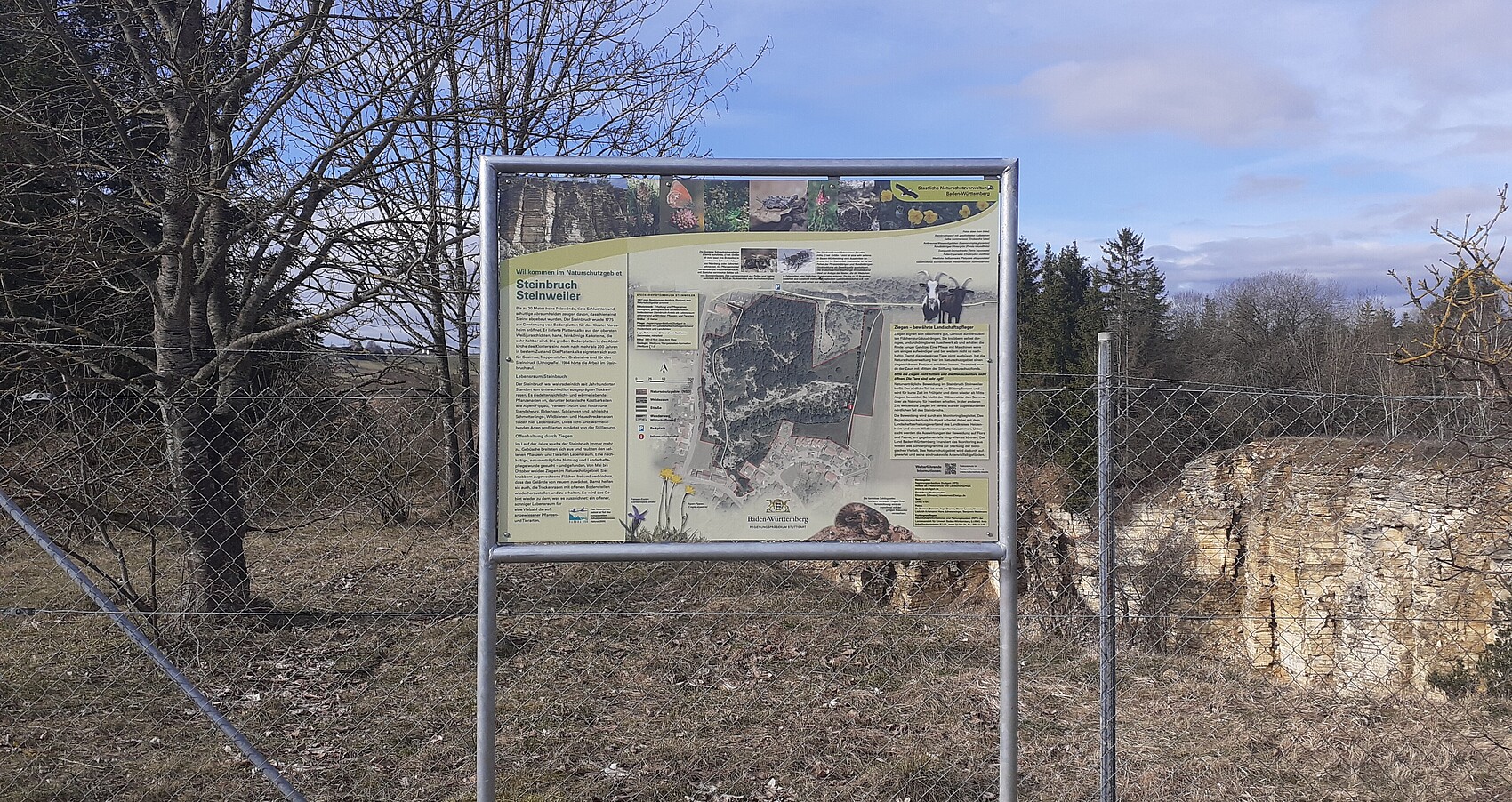 Bild zeigt eine Informationstafel im Naturschutzgebiet "Steinbruch Steinweiler" 