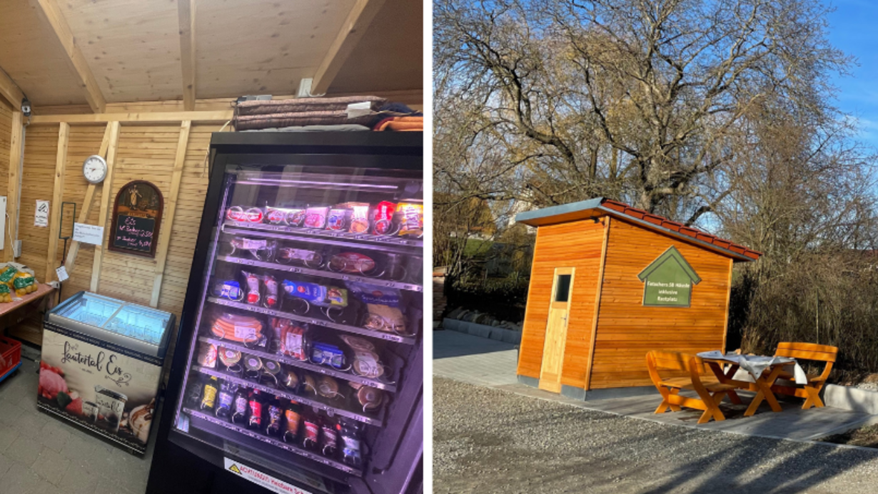 Das bild zeigt ein Selbstbedienungshäuschen aus Holz von außen und von innen. Innen sieht man Verkaufsregale mit Erzeugnissen aus der Landwirtschaft. 