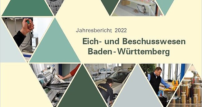 Titelseite des EBBW Jahresberichts 2022; man sieht bunte Dreiecke; in manchen sind Bilder zum Thema Eich- und Beschusswesen zu sehen
