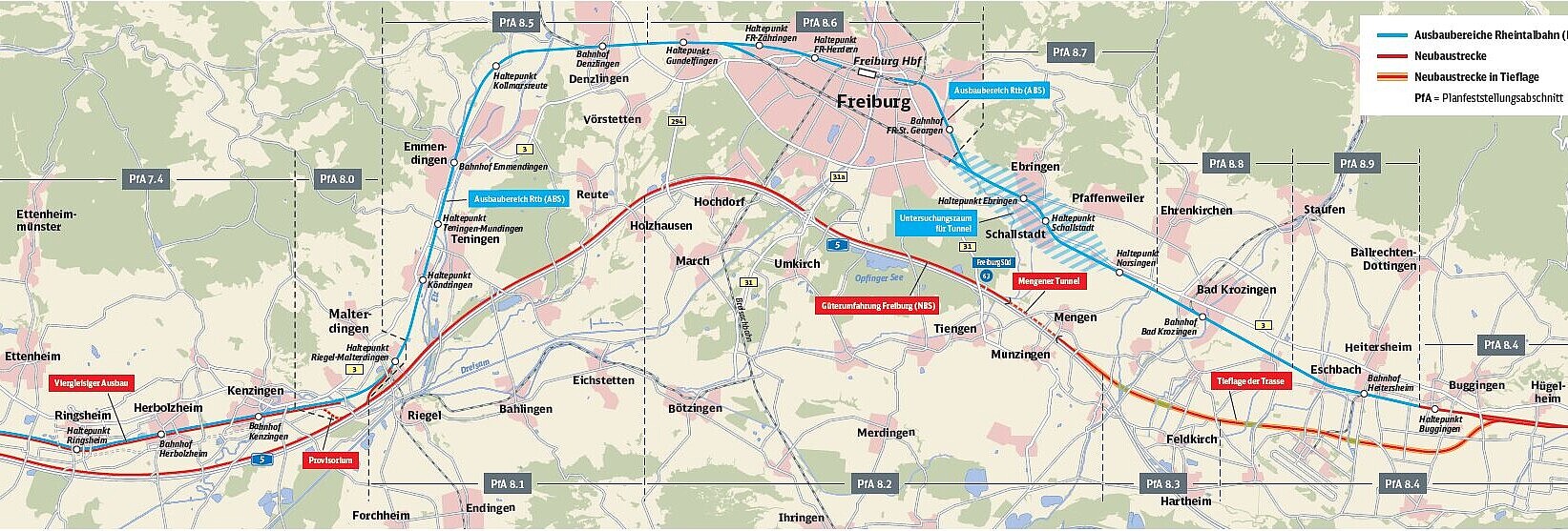 Karte zeigt Abschnitte 8 des Rheintalbahnausbaus