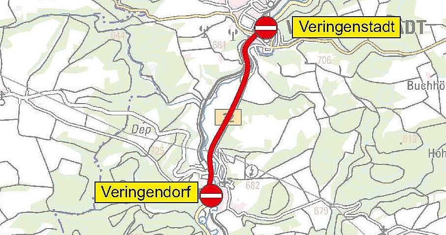 Die Karte zeigt B 32 gesperrter Abschnitt zwischen Veringenstadt und Veringendorf