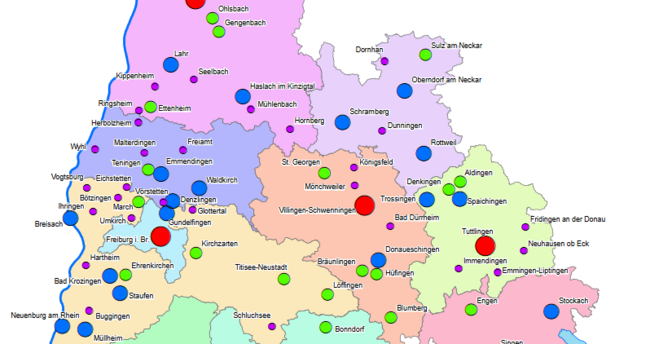 Regierungsbezirkskarte mit Standorten der öffentlichen Bibliotheken