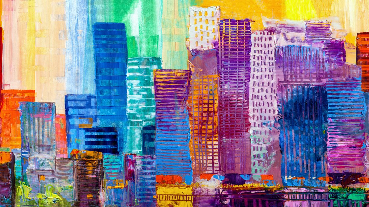 Ein abstrakt gemales Gemälde mit einer Silouette einer Stadt