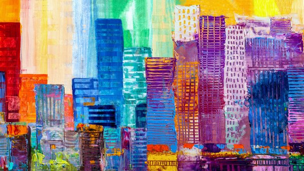 Ein abstrakt gemales Gemälde mit einer Silouette einer Stadt