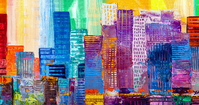 Ein abstrakt gemales Gemälde mit einer Silouette einer Stadt
