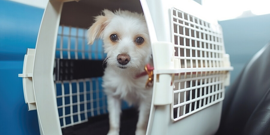 Weißer Hund in Hund in Transportbox