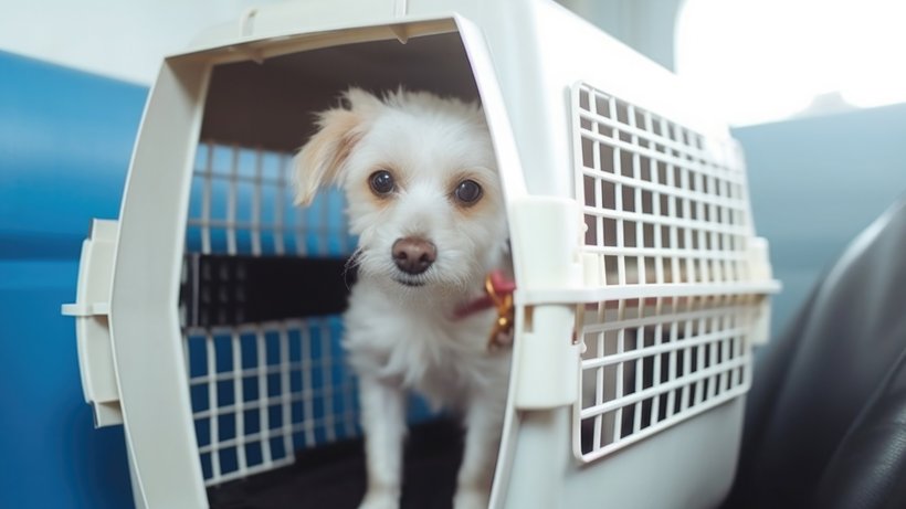 Weißer Hund in Hund in Transportbox