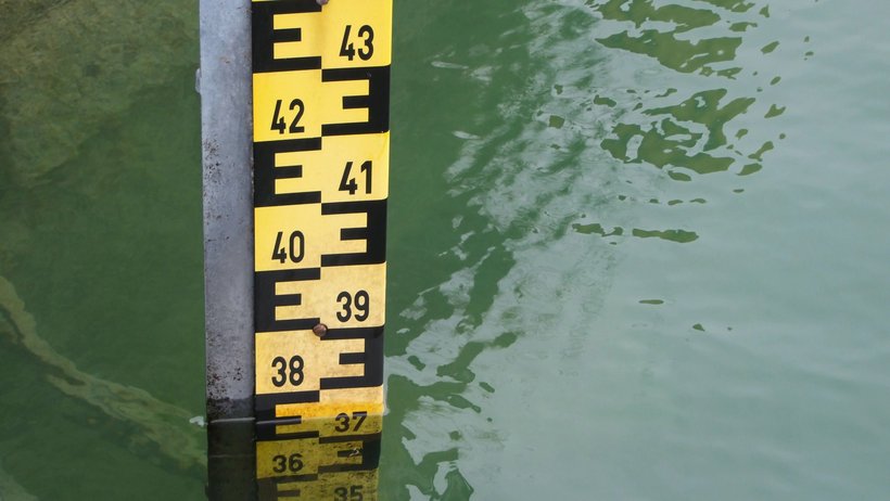 Ein gelb-schwarzer Pegel, der an ein großes Lineal erinnert, steckt im Wasser, so dass man den Pegelstand ablesen kann. 