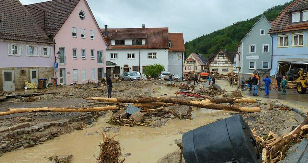 Marktplatz von Braunsbach nach der Flutkatastrophe