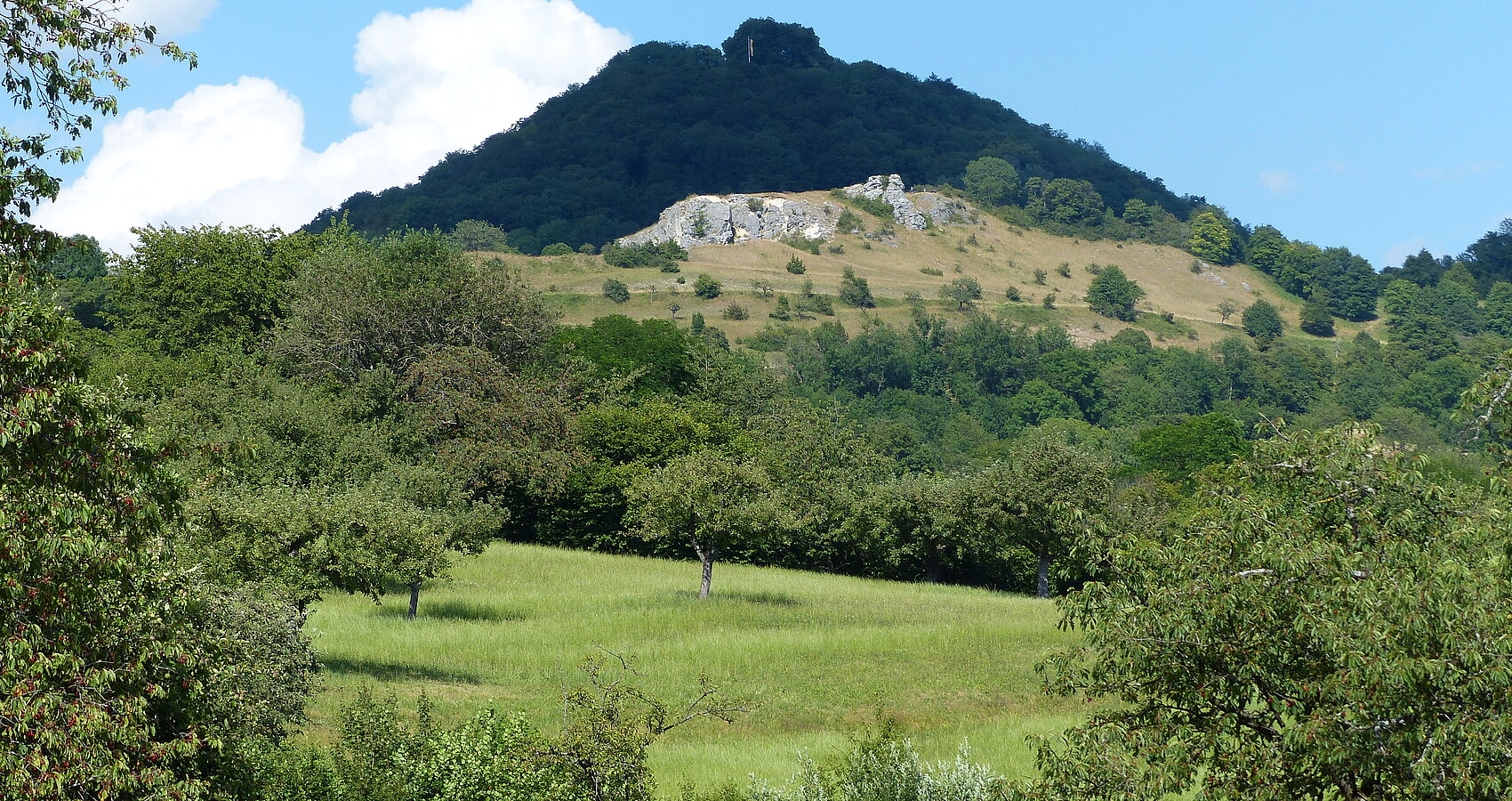 Blick zum Naturschutzgebiet Spielburg (im Mittelgrund) mit Felsen und Kalk-Magerrasen, dahinter der Hohenstaufen