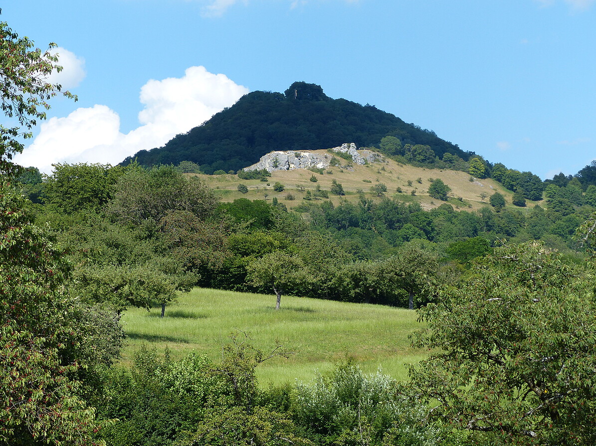 Blick zum Naturschutzgebiet Spielburg (im Mittelgrund) mit Felsen und Kalk-Magerrasen, dahinter der Hohenstaufen