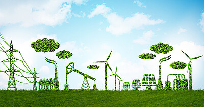 Grüne Wiese vor blauem Himmel, darauf stehen Strommasten, Windräder und diverse Bauwerke in grün.