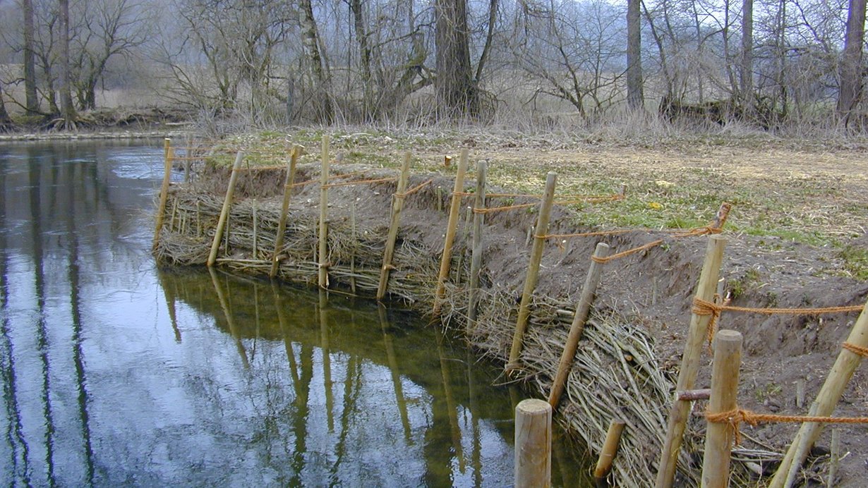 ein Ufer wird mit natürlichen Baustoffen gesichert