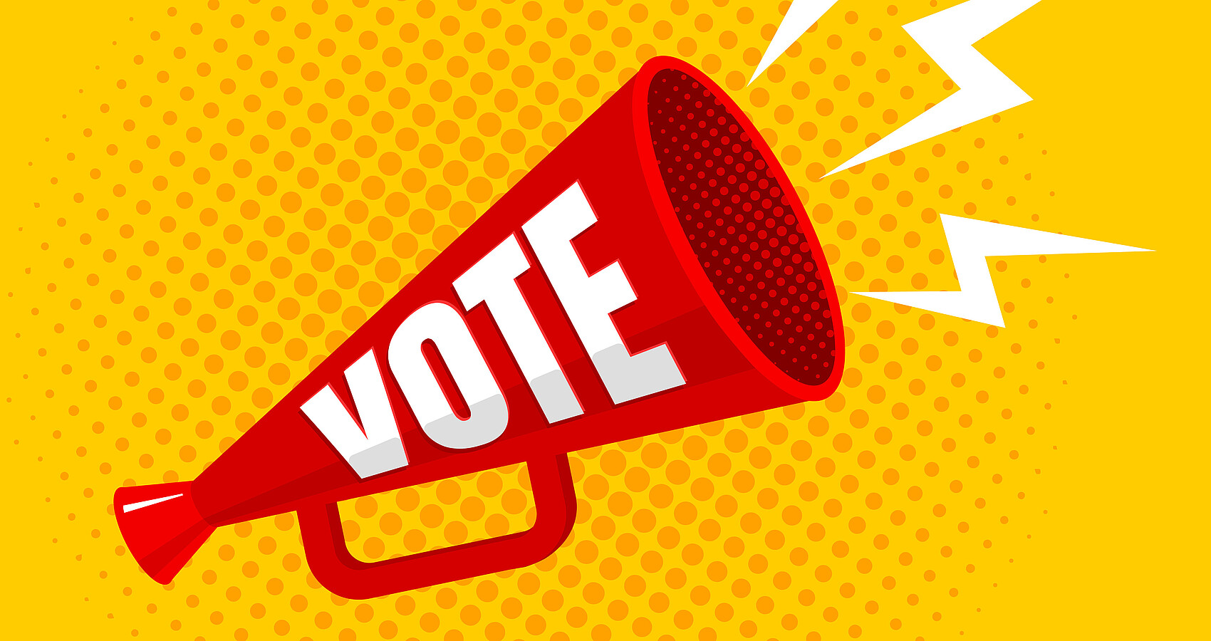 Das Bild zeigt ein rotes Megaphon auf gelben Hintergrund mit der Aufschrift "VOTE"