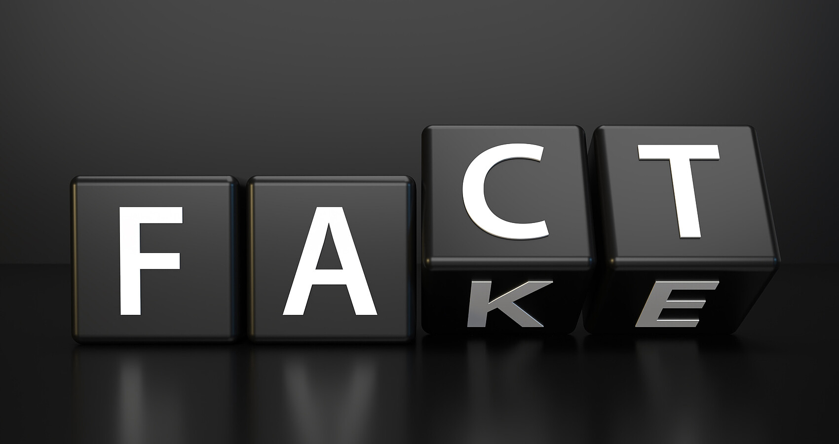 Schwarze Würfel mit Buchstaben bilden die Wörter "Fact" und "Fake".