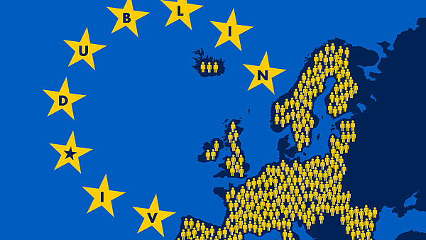 EU-Karte mit EU-Zeichen und Menschen innerhalb der EU