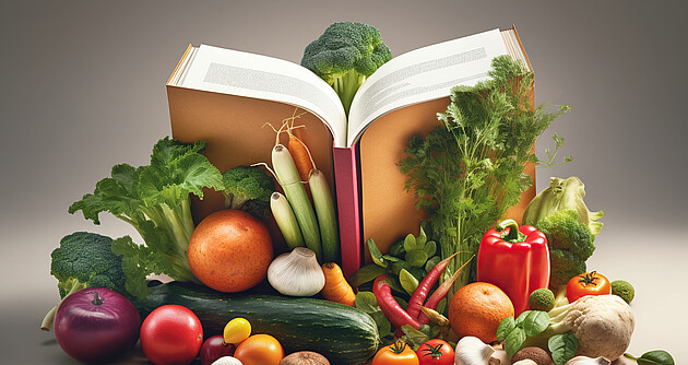 Das Foto zeigt ein Kochbuch, das mitten in buntem Gemüse liegt