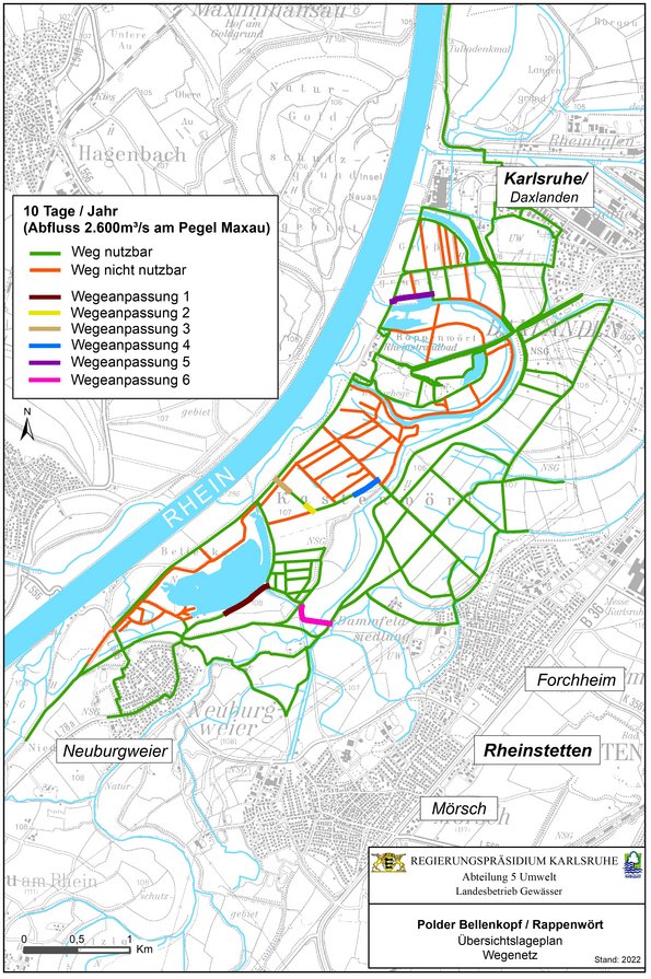 Die Karte zeigt die verschiedenen Wegeanpassungen, die hinsichtlich ihrer Lage und der geplanten Änderungen im unten stehenden Text beschrieben werden. 