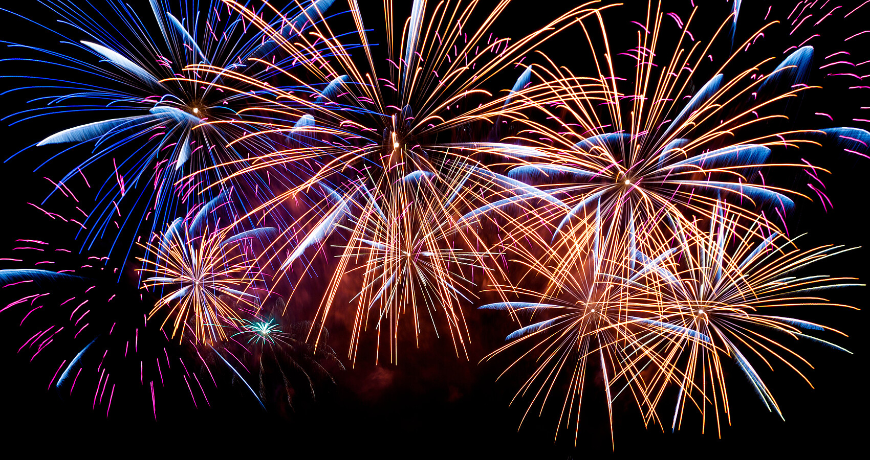 Das Foto zeigt ein farbiges Feuerwerk am Himmel