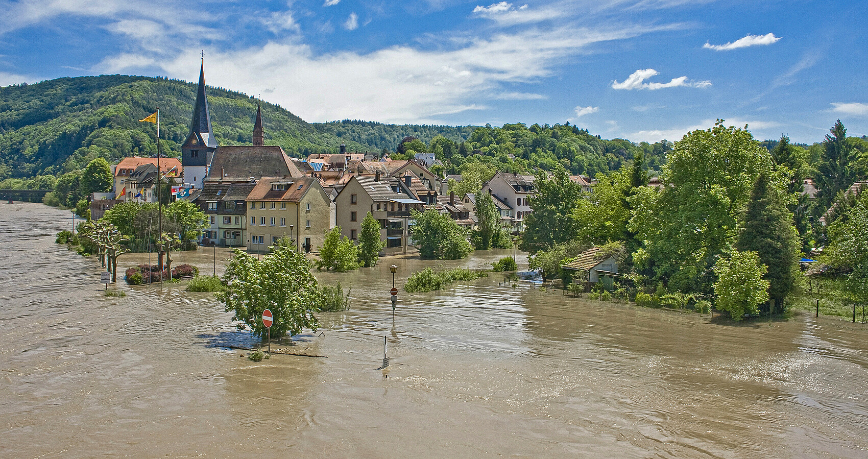 Bild zeigt den Neckar mit Hochwasser in Neckargemünd