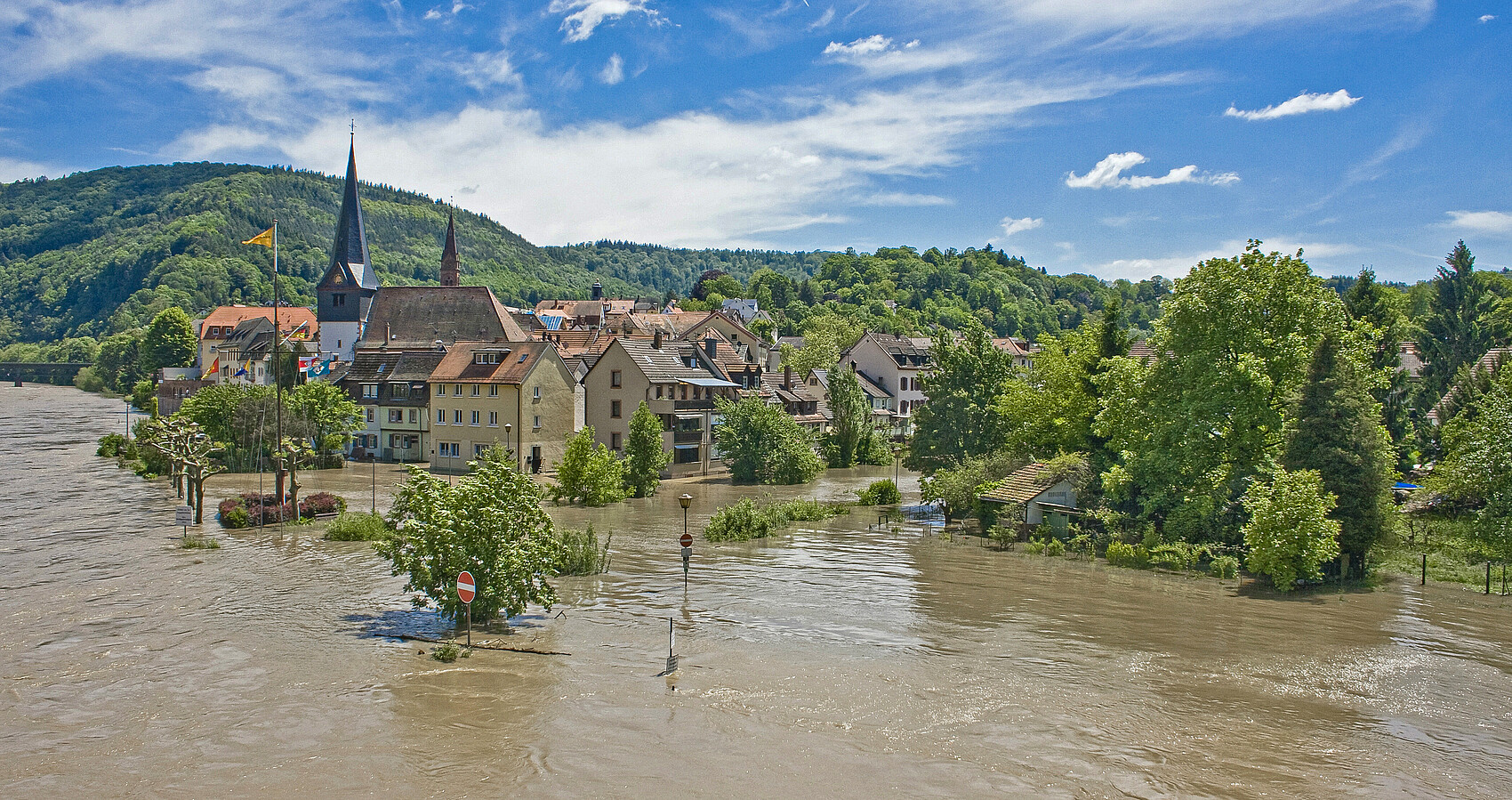 Bild zeigt den Neckar mit Hochwasser in Neckargemünd