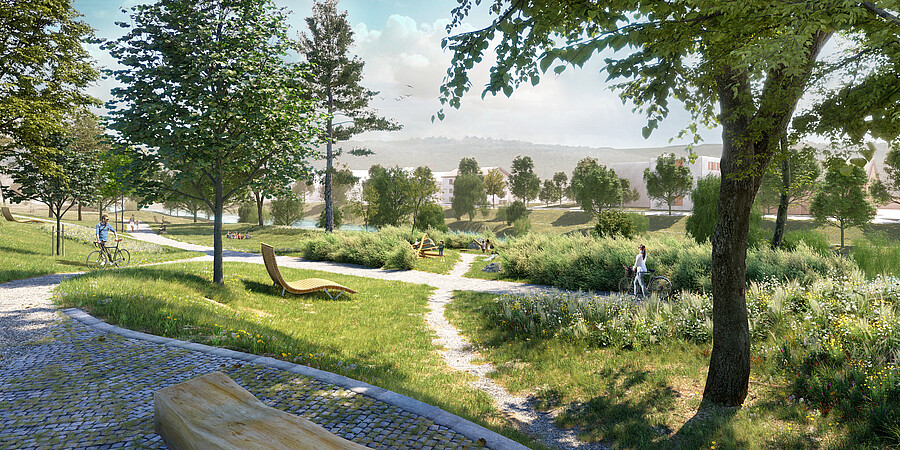 Das Bild zeigt einen visulaisierten Park mit wegen, Grünflächen, Bäumen und Sitzgelegenheiten. Zwei Radfahrer fahren auf Wegen, eine Gruppe Menschen sitzt im Kreis im Grünen, Menschen entspannen sich. Es scheint die Sonne.