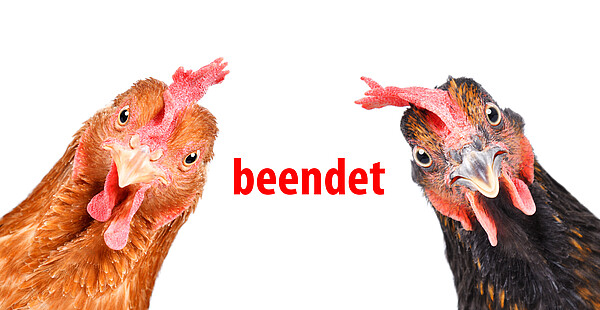 Zwei Hühner - ein hellbraunes Huhn in der linken Ecke und ein dunkelbraunes Huhn in der rechten Ecke - mit rotem Text beendet