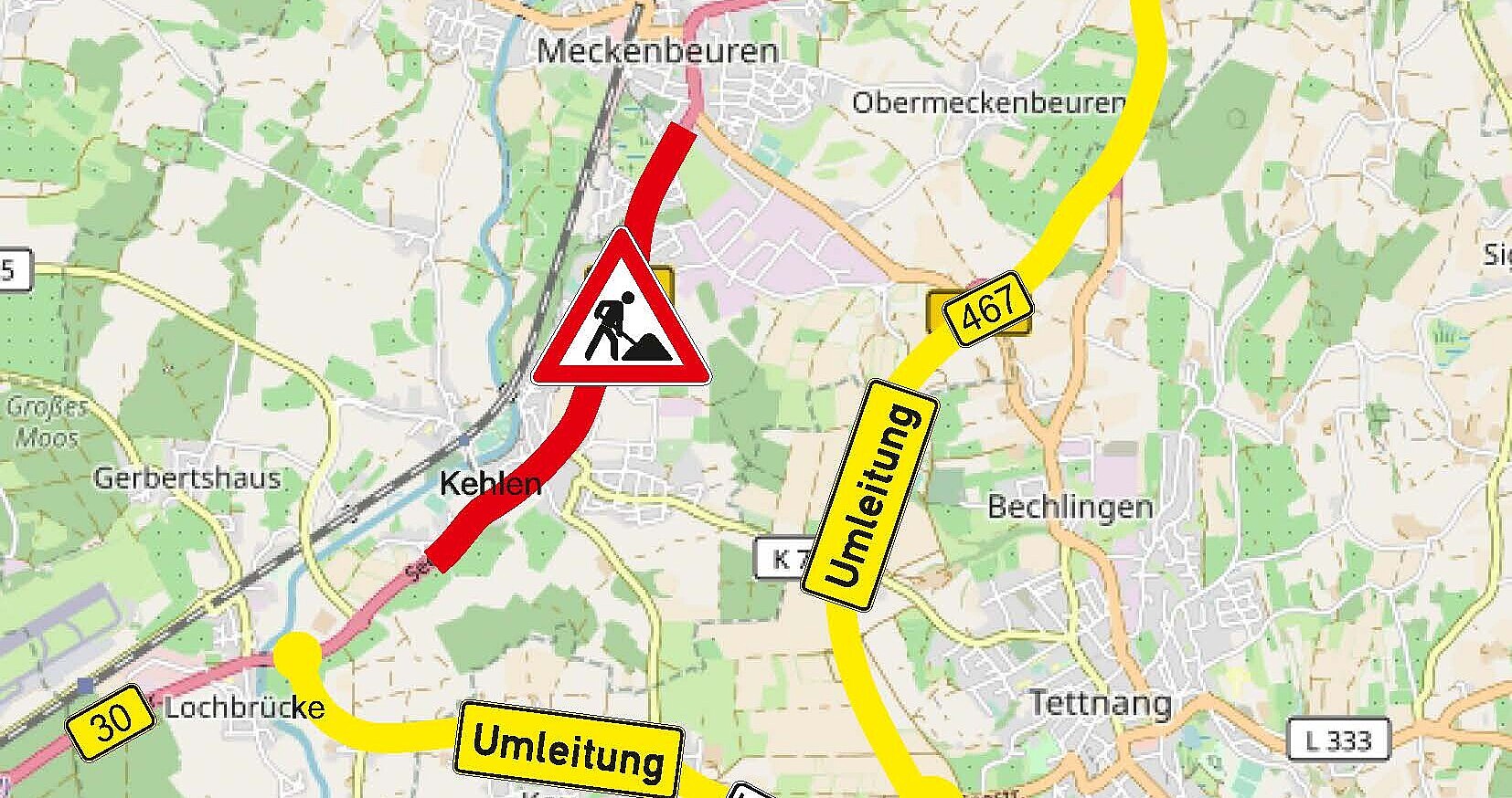 Übersichtskarte Fahrbahnsanierung B 30 zwischen Siglishofen und Meckenbeuren; Umleitungsstrecke sind gelb eingezeichnet