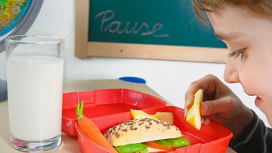 Kind blickt in Brotdose mit gesundem Frühstück aus Vollkornbrot, Äpfeln, Gemüse, davor ein Glas Milch