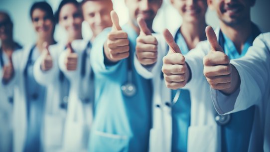 Bild zeigt Personen in Medizinberufen, die den Daumen nach oben strecken