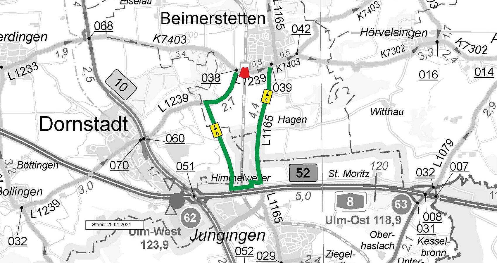 Umleitungsskizze zur Maßnahme L 1239 - Bahnbrücke Beimerstetten; Umleitung ist grün eingezeichnet