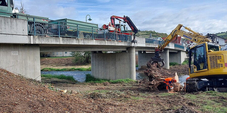 Arbeiter arbeiten mit einem Kran am Ufer eines Gewässer, auf der Brücke darüber stehen Baustellenfahrzeuge