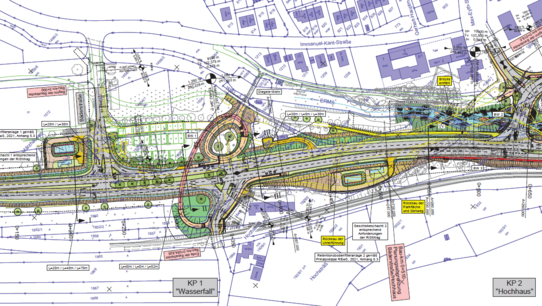 Ein Übersichtsplan, der den neuen Verlauf der B 312 an den Knotenpunkten Wasserfall und Hochhaus in Bad Urach zeigt. 