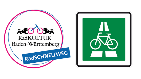 Logo der Radkultur BW und das grüne Verkehrsschild Radschnellweg Nr. 350.1