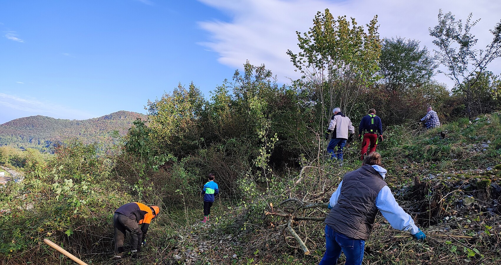 Mehr als 30 Helferinnen und Helfer reduzierten im Rahmen des Landschaftspflegetags im Naturschutzgebiet „Oberes Lenninger Tal“ Gehölze, um Steinriegeln wieder mehr Licht zu verschaffen.