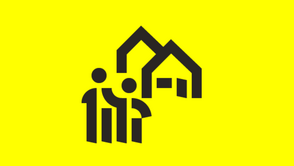 Illustratives Icon: Haus mit Menschen davor auf gelbem Hintergrund