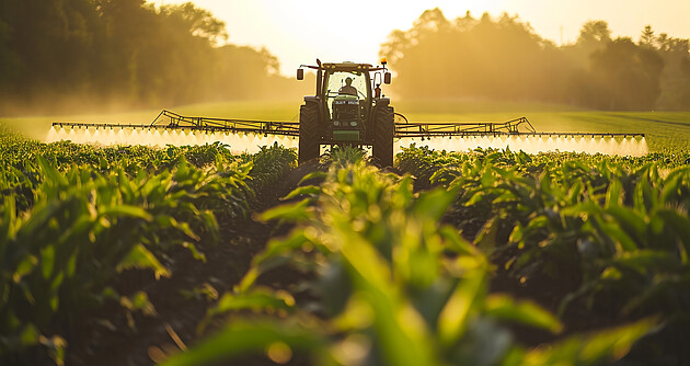 Das Foto zeigt einen Traktor auf einem Maisfeld mit einem Sprühgerät, das die Feldfrüchte besprüht. 
