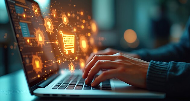 Das Foto zeigt ein Laptop und die Hand einer Person, die etwas eintippt