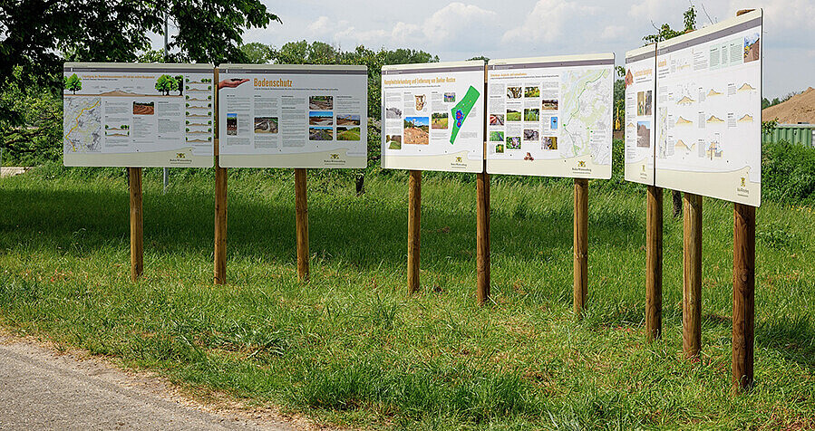 Das Bild zeigt sechs Informationstafeln, die am Wegrand auf einer Wiese stehen.