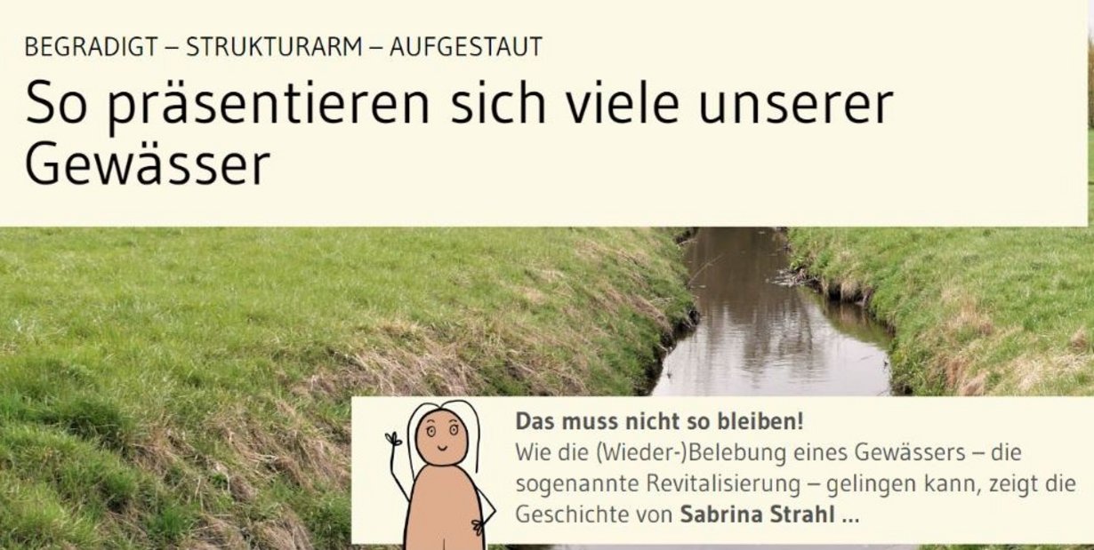 Scrollytelling -Bild zeigt Foto Bachlauf und gezeichnete Figur mit Text - siehe Bildtext für Barrierefreiheit