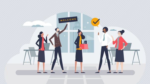 Die zeichnung zeigt Menschen, die einen Neuankömmling mit einem Willkommensschild begrüßen