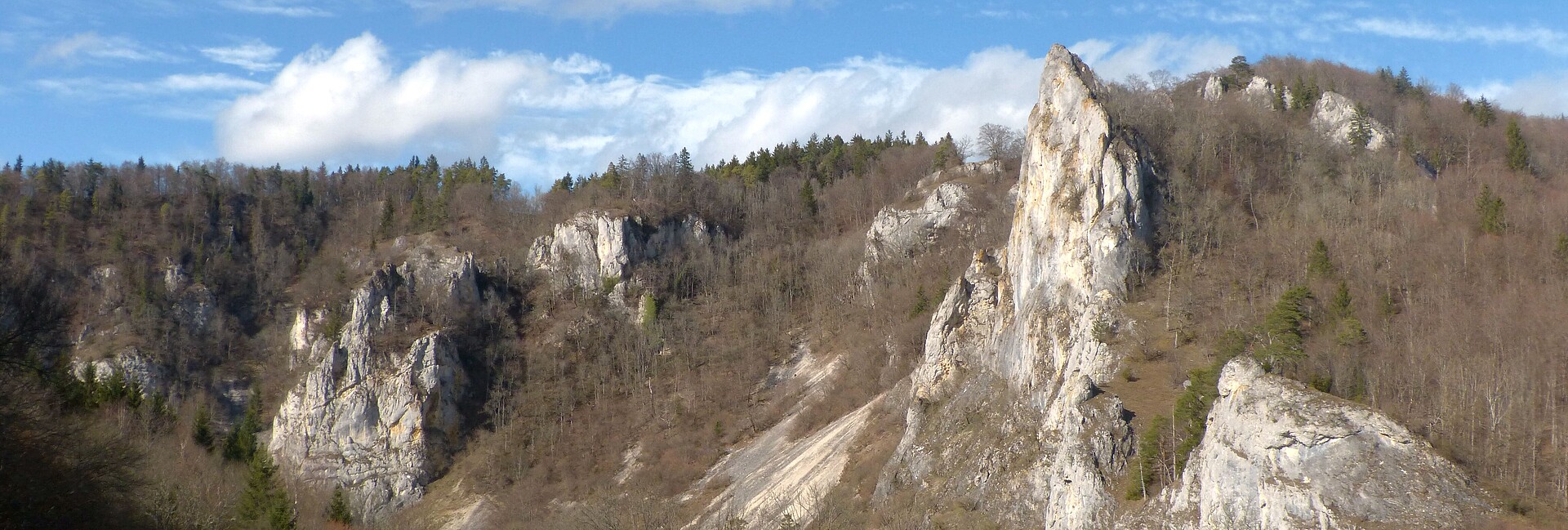 Blick auf Felsen, Wälder und Wiesen im Naturschutzgebiet Stieglesfels