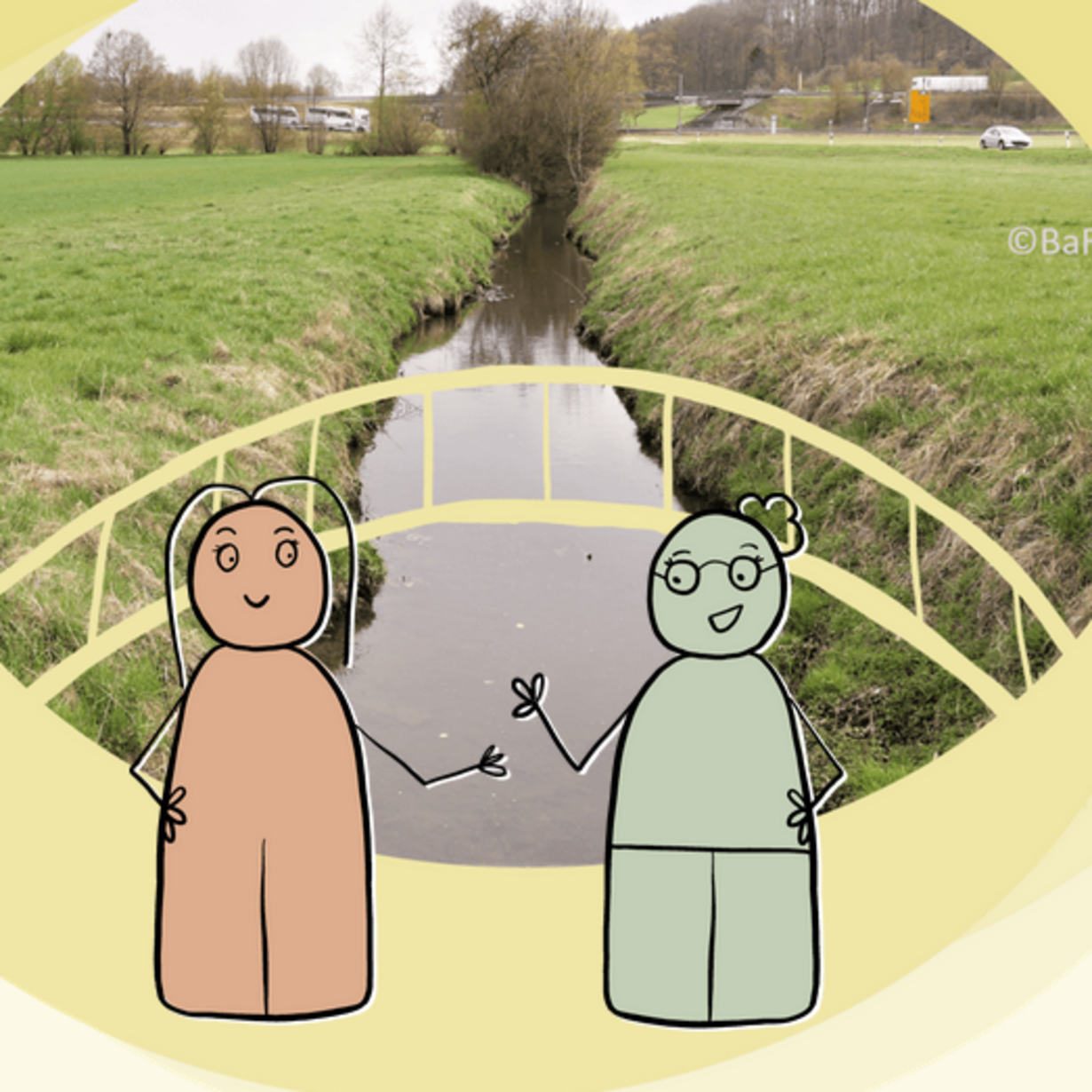 Das Bild zeigt einen Fluss; links und rechts grüne Wiesen; eine eingezeichnete Brücke über den Fluss und mehrere bunte Männchen