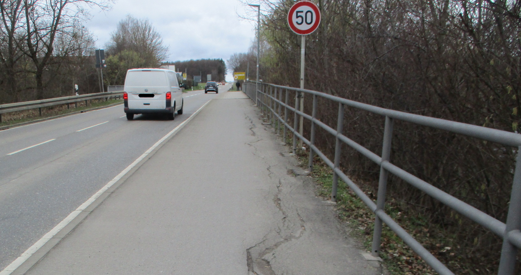 Das Bild zeigt die L 374 bei Riederich; Leitplanken, sanierungsbedürftiger Radweg, Fahrzeuge, Verkehrsschild