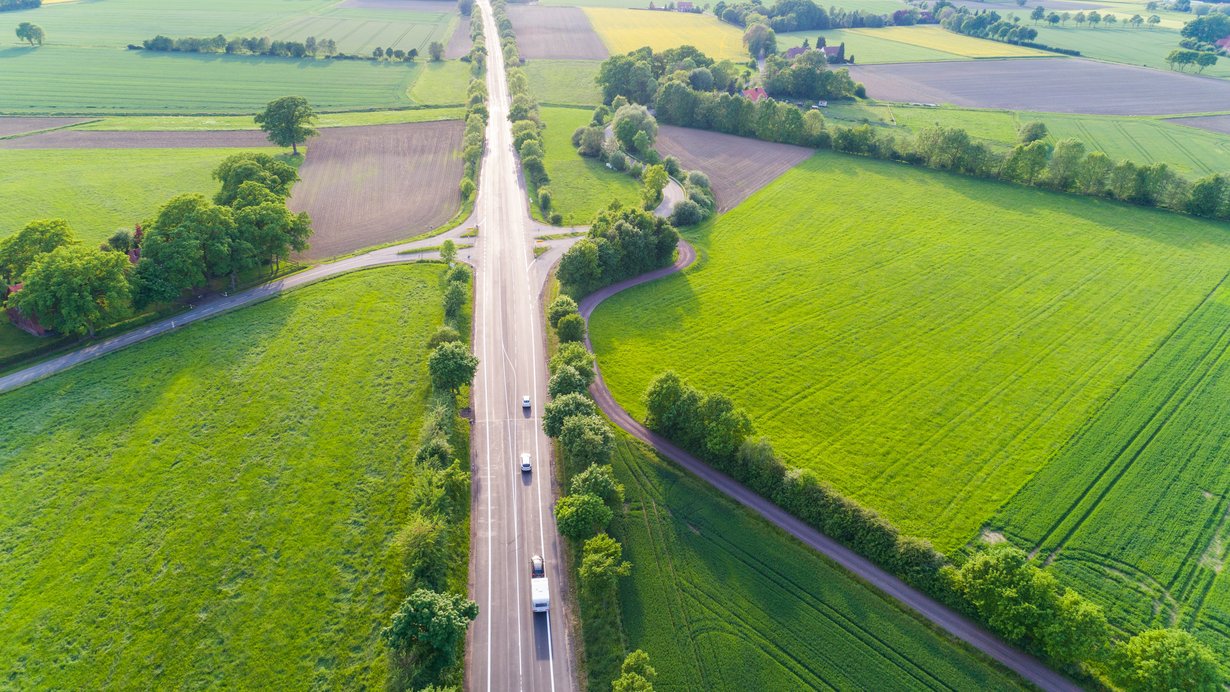 Straße mit Straßenbegleitgrün von oben, es fahren wenige Autos